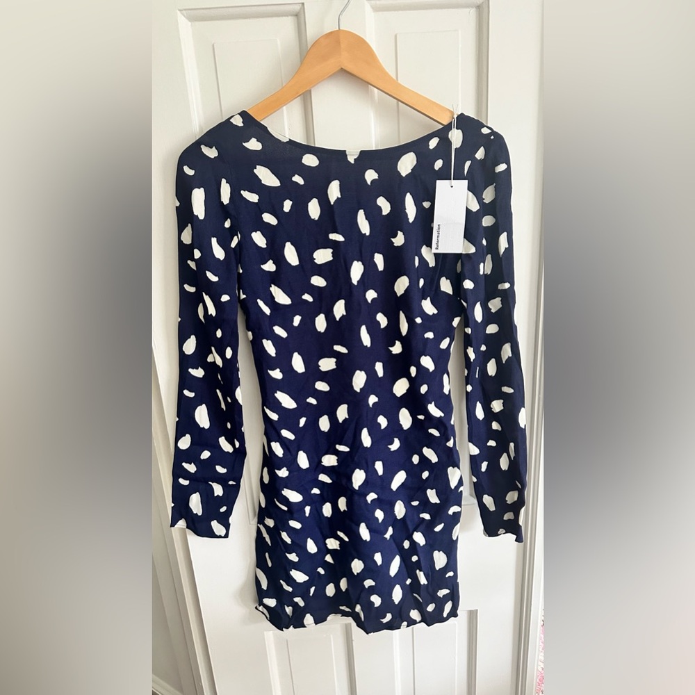 Reformation NWT Cady dress in splatter Size XS New Blue White Long Sleeve mini